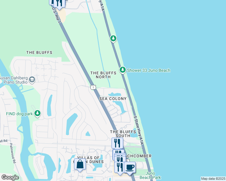map of restaurants, bars, coffee shops, grocery stores, and more near 301 Ocean Bluffs Boulevard in Jupiter