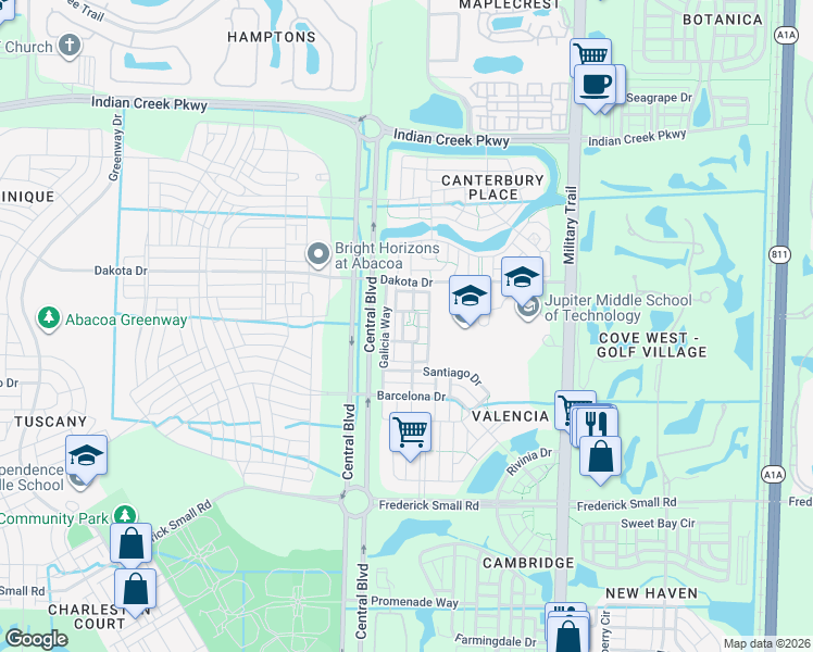 map of restaurants, bars, coffee shops, grocery stores, and more near 110 Saleesa Drive in Jupiter