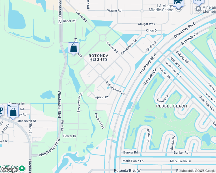 map of restaurants, bars, coffee shops, grocery stores, and more near 123 Indian Creek Drive in Rotonda West