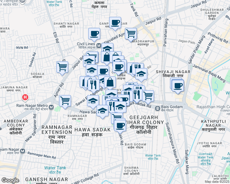 map of restaurants, bars, coffee shops, grocery stores, and more near 16 Keshav Nagar Lane - 3 in Jaipur
