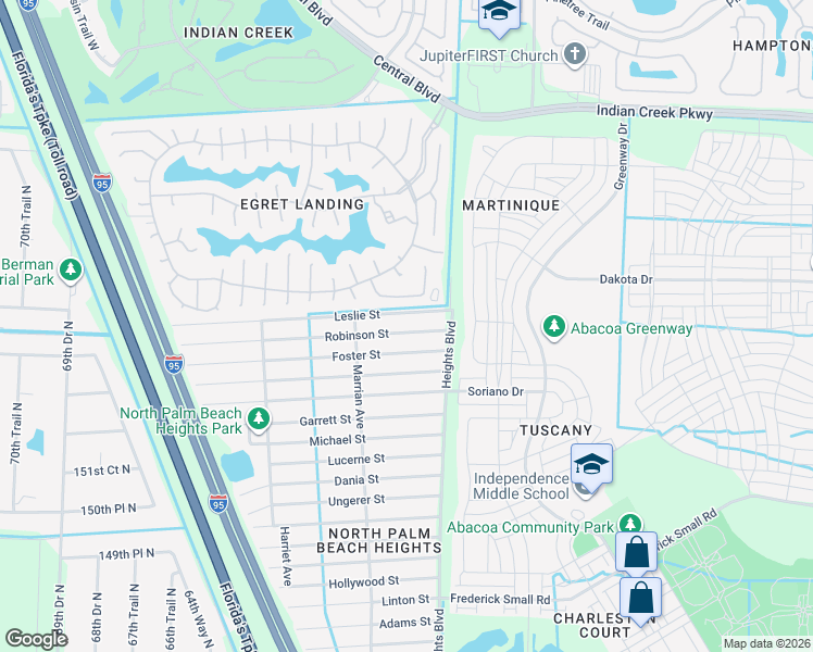 map of restaurants, bars, coffee shops, grocery stores, and more near 6053 Robinson Street in Jupiter