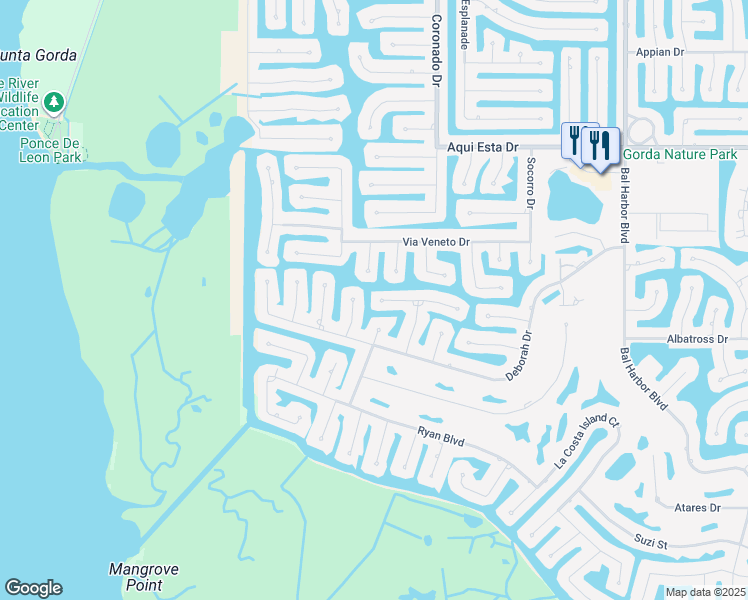 map of restaurants, bars, coffee shops, grocery stores, and more near 2460 Saint David Island Court in Punta Gorda