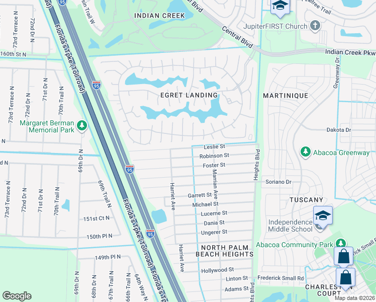 map of restaurants, bars, coffee shops, grocery stores, and more near 6294 Leslie Street in Jupiter