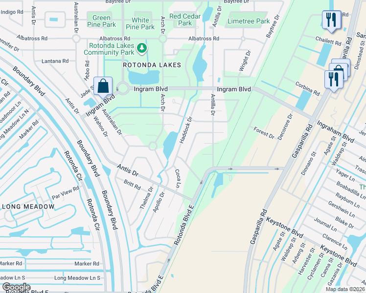 map of restaurants, bars, coffee shops, grocery stores, and more near 121 Haddock Drive in Rotonda West