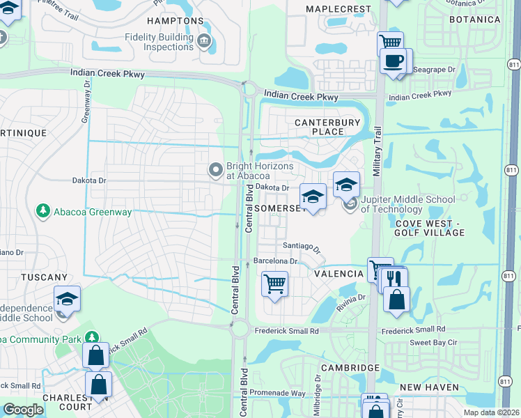 map of restaurants, bars, coffee shops, grocery stores, and more near 201 Galicia Way in Jupiter