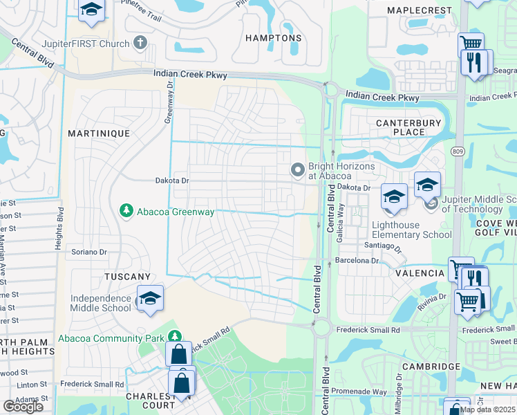 map of restaurants, bars, coffee shops, grocery stores, and more near 1163 Key Largo Street in Jupiter