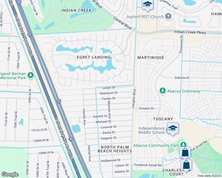 map of restaurants, bars, coffee shops, grocery stores, and more near 6180 Leslie Street in Jupiter