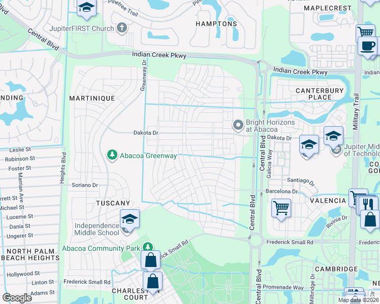 map of restaurants, bars, coffee shops, grocery stores, and more near 3277 East Mallory Boulevard in Jupiter
