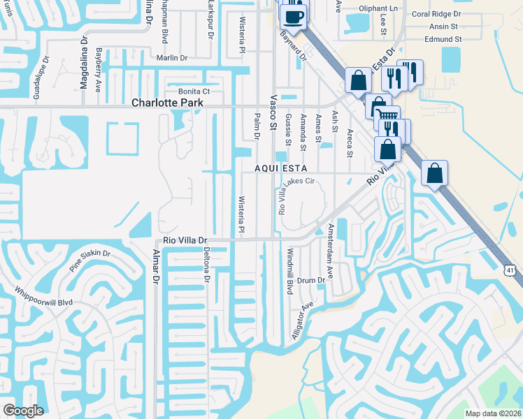 map of restaurants, bars, coffee shops, grocery stores, and more near 3810 Palm Drive in Punta Gorda