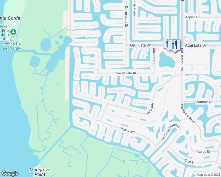 map of restaurants, bars, coffee shops, grocery stores, and more near 2460 Saint David Island Court in Punta Gorda