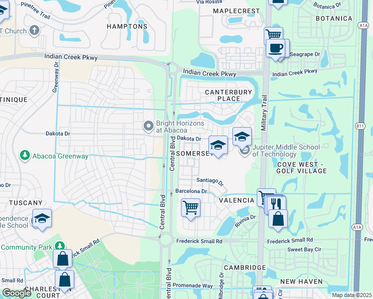 map of restaurants, bars, coffee shops, grocery stores, and more near 224 Murcia Drive in Jupiter