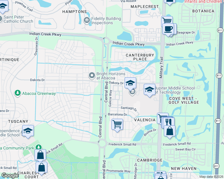 map of restaurants, bars, coffee shops, grocery stores, and more near 201 Galicia Way in Jupiter
