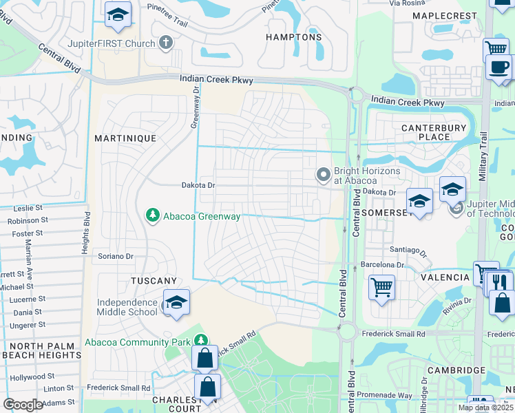 map of restaurants, bars, coffee shops, grocery stores, and more near 3261 Mallory Boulevard in Jupiter