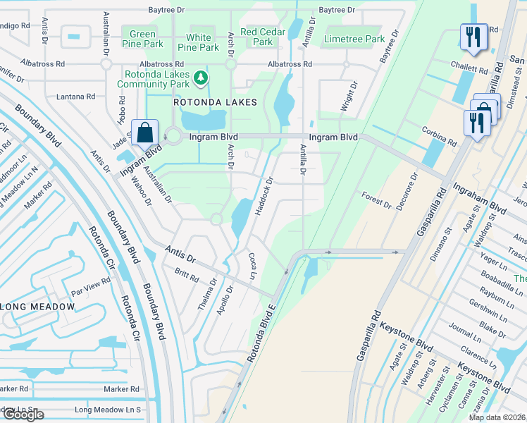 map of restaurants, bars, coffee shops, grocery stores, and more near 121 Haddock Drive in Rotonda West