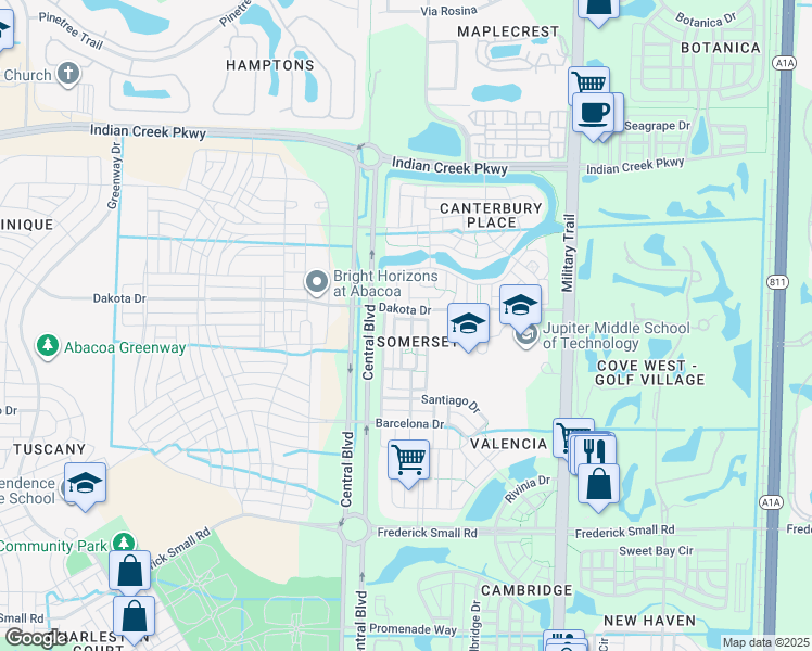 map of restaurants, bars, coffee shops, grocery stores, and more near 276 Murcia Drive in Jupiter