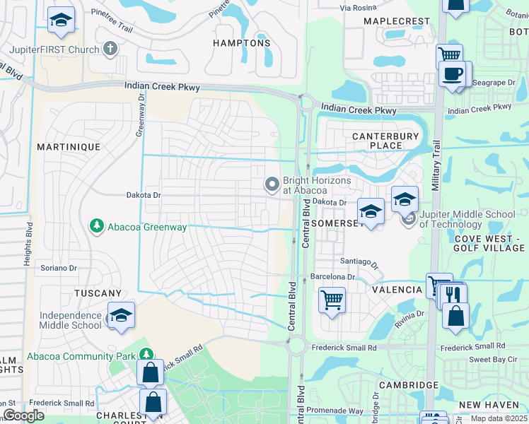 map of restaurants, bars, coffee shops, grocery stores, and more near 3334 South Bismark Lane in Jupiter