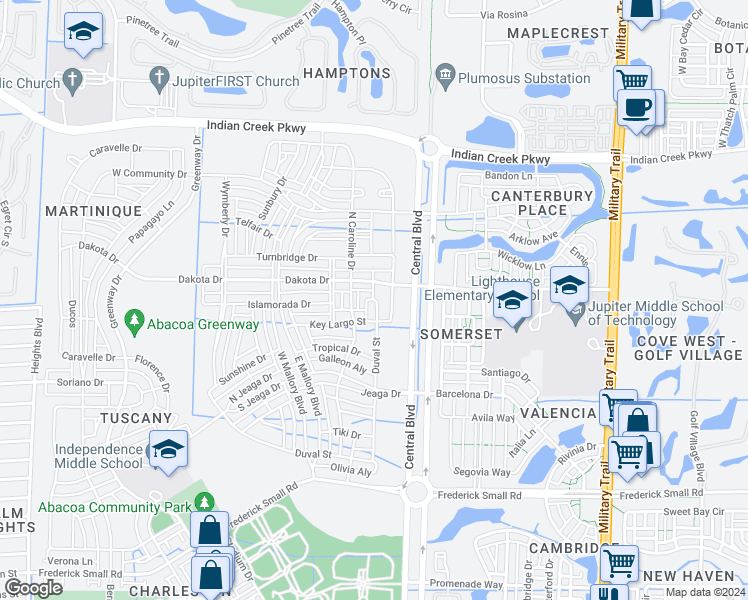 map of restaurants, bars, coffee shops, grocery stores, and more near 2788 South Bismark Lane in Jupiter