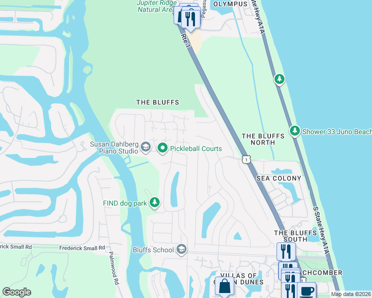 map of restaurants, bars, coffee shops, grocery stores, and more near 3226 32nd Court in Jupiter