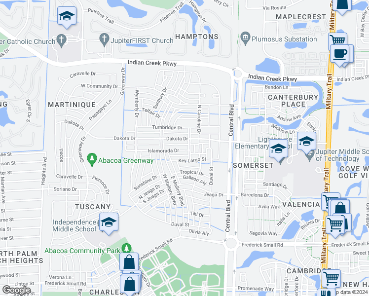 map of restaurants, bars, coffee shops, grocery stores, and more near 1165 Islamorada Drive in Jupiter