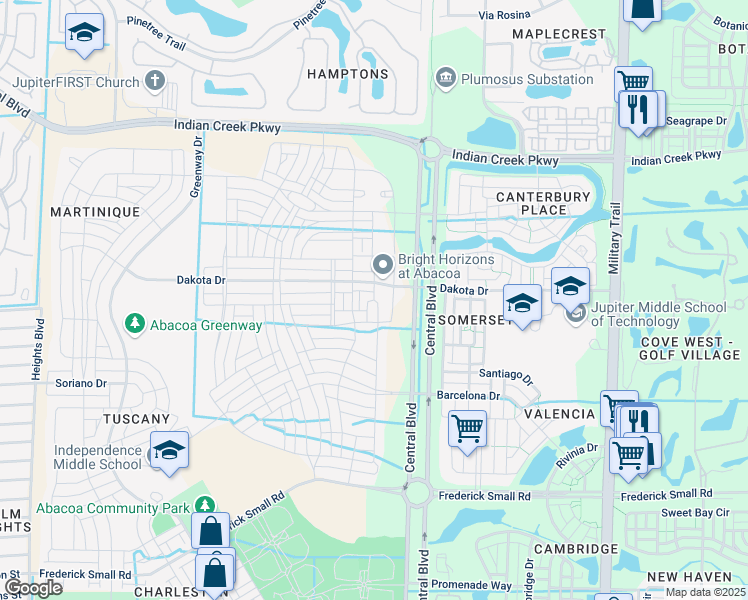 map of restaurants, bars, coffee shops, grocery stores, and more near South Bismark Lane in Jupiter