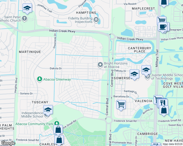 map of restaurants, bars, coffee shops, grocery stores, and more near 1152 Dakota Drive in Jupiter