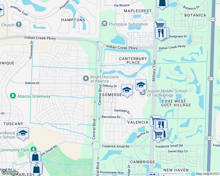 map of restaurants, bars, coffee shops, grocery stores, and more near 765 Dakota Drive in Jupiter