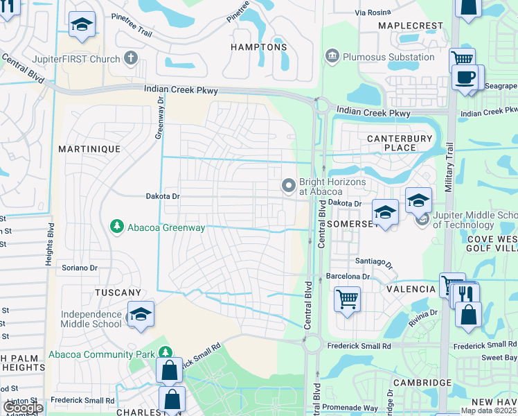 map of restaurants, bars, coffee shops, grocery stores, and more near 1152 Dakota Drive in Jupiter