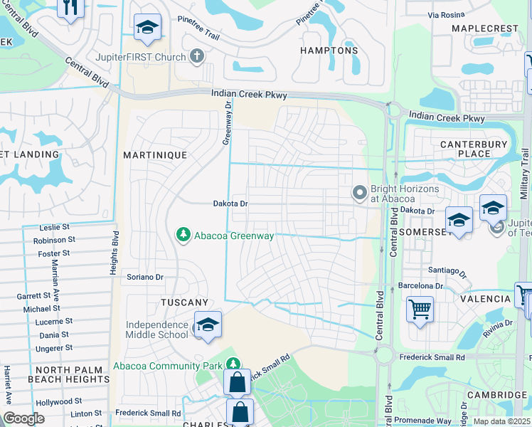map of restaurants, bars, coffee shops, grocery stores, and more near 1370 Dakota Drive in Jupiter