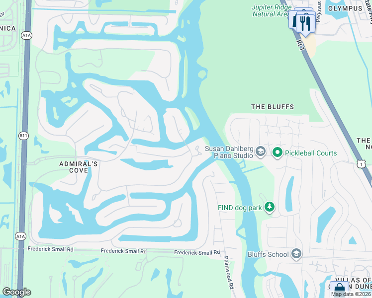 map of restaurants, bars, coffee shops, grocery stores, and more near 101 Spinnaker Lane in Jupiter