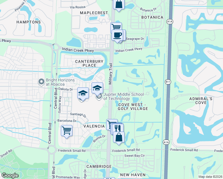 map of restaurants, bars, coffee shops, grocery stores, and more near Military Trail & Dakota Dr in Jupiter