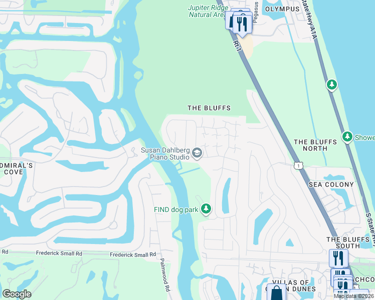 map of restaurants, bars, coffee shops, grocery stores, and more near 438 River Edge Road in Jupiter