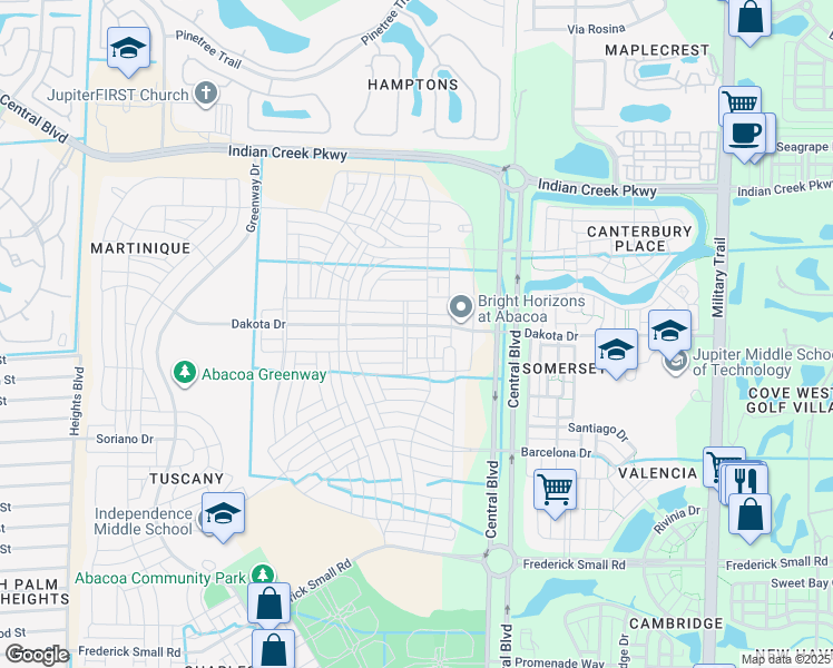map of restaurants, bars, coffee shops, grocery stores, and more near 1118 Dakota Drive in Jupiter