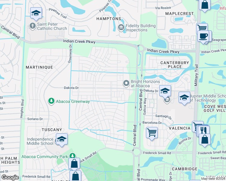 map of restaurants, bars, coffee shops, grocery stores, and more near 1152 Dakota Drive in Jupiter