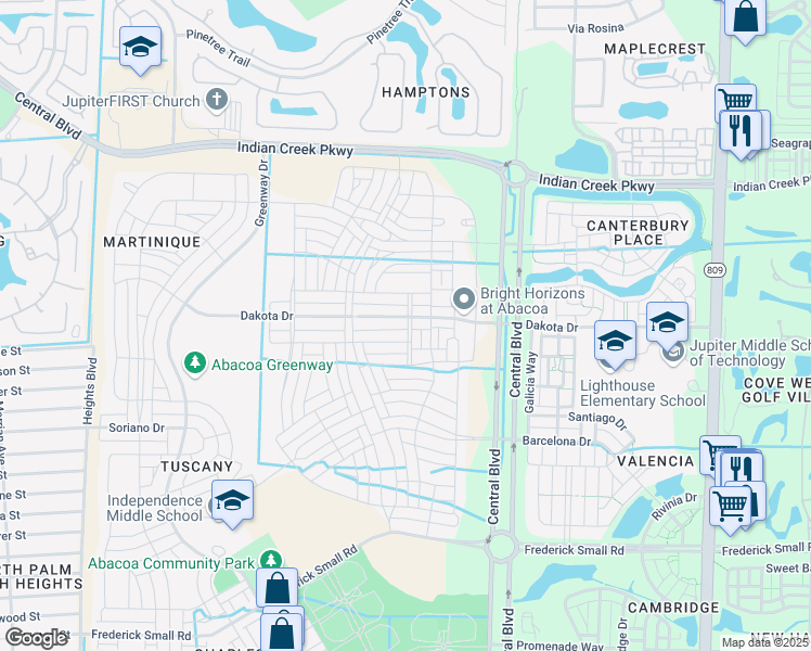 map of restaurants, bars, coffee shops, grocery stores, and more near 1152 Dakota Drive in Jupiter