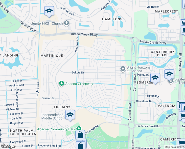map of restaurants, bars, coffee shops, grocery stores, and more near 1370 Dakota Drive in Jupiter
