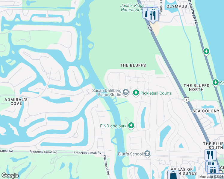 map of restaurants, bars, coffee shops, grocery stores, and more near 346 River Edge Road in Jupiter