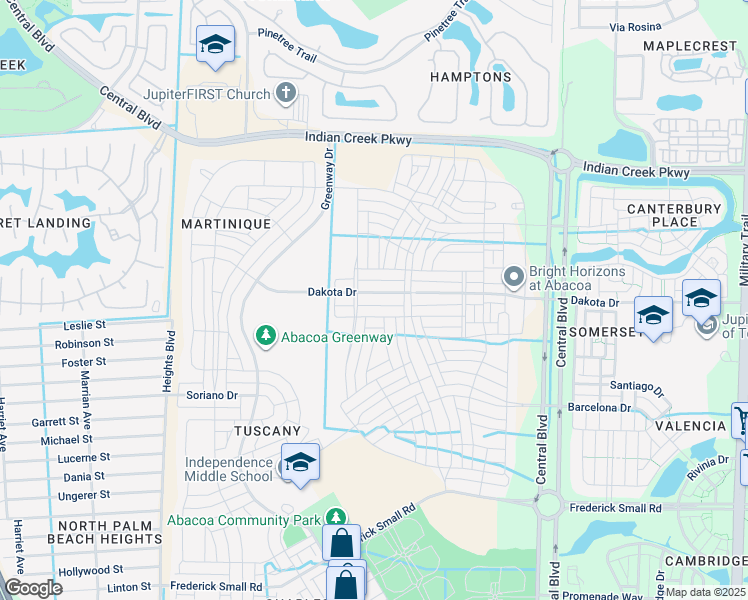 map of restaurants, bars, coffee shops, grocery stores, and more near 1382 Dakota Drive in Jupiter