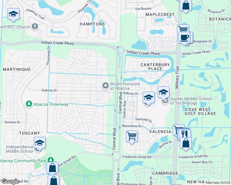 map of restaurants, bars, coffee shops, grocery stores, and more near Central Blvd & Dakota Dr in Jupiter