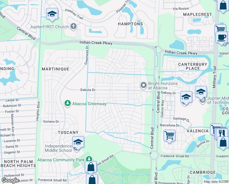 map of restaurants, bars, coffee shops, grocery stores, and more near 1246 Dakota Drive in Jupiter