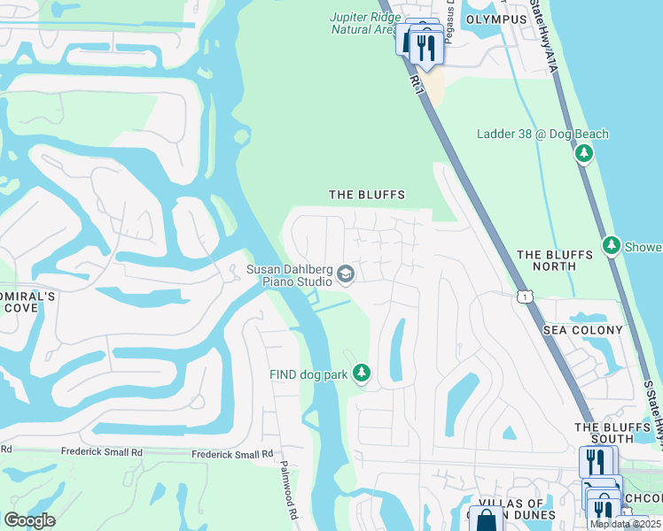 map of restaurants, bars, coffee shops, grocery stores, and more near 307 Leeward Drive in Jupiter