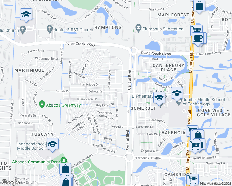 map of restaurants, bars, coffee shops, grocery stores, and more near 2804 South Bismark Lane in Jupiter