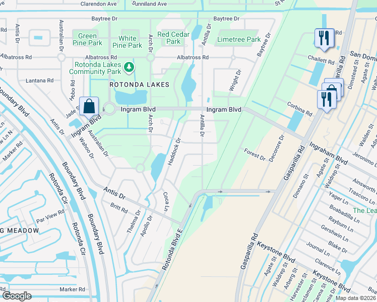 map of restaurants, bars, coffee shops, grocery stores, and more near 136 Yellow Pine Drive in Rotonda West