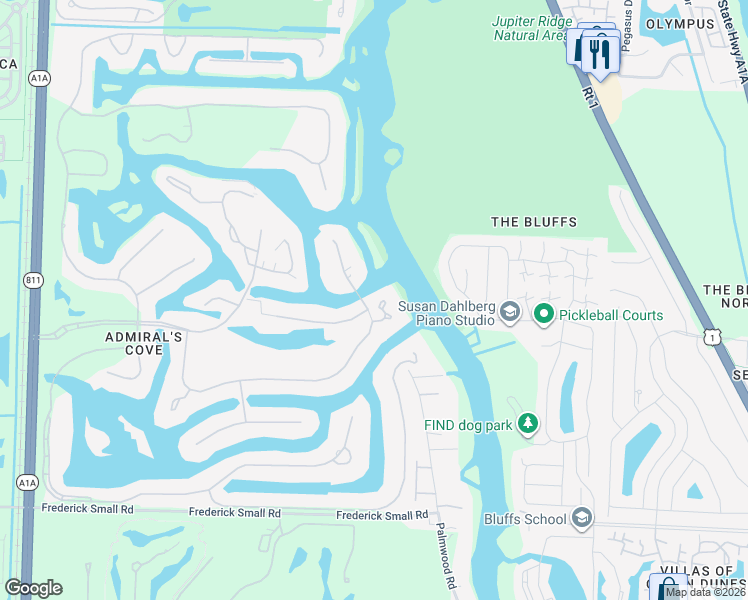 map of restaurants, bars, coffee shops, grocery stores, and more near 101 Spinnaker Lane in Jupiter