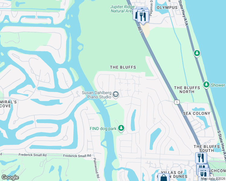 map of restaurants, bars, coffee shops, grocery stores, and more near 438 River Edge Road in Jupiter
