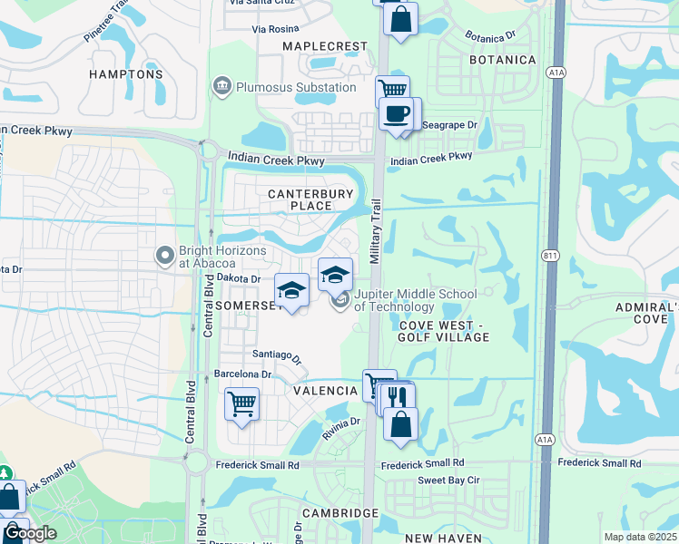 map of restaurants, bars, coffee shops, grocery stores, and more near 551 Dakota Drive in Jupiter