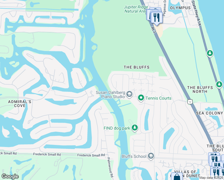 map of restaurants, bars, coffee shops, grocery stores, and more near 346 River Edge Road in Jupiter