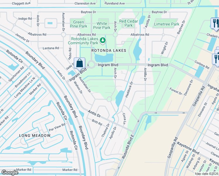 map of restaurants, bars, coffee shops, grocery stores, and more near 114 Apollo Drive in Rotonda West