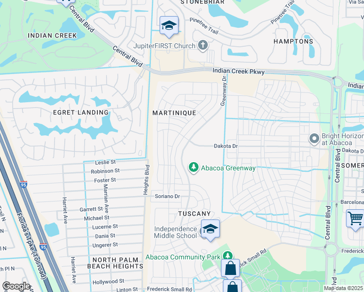 map of restaurants, bars, coffee shops, grocery stores, and more near 3298 Greenway Drive in Jupiter