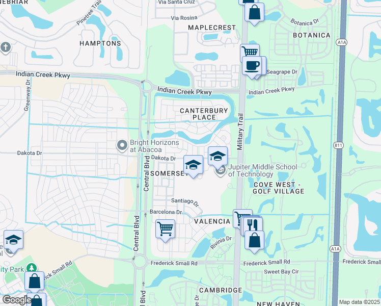 map of restaurants, bars, coffee shops, grocery stores, and more near 119 Midleton Way in Jupiter