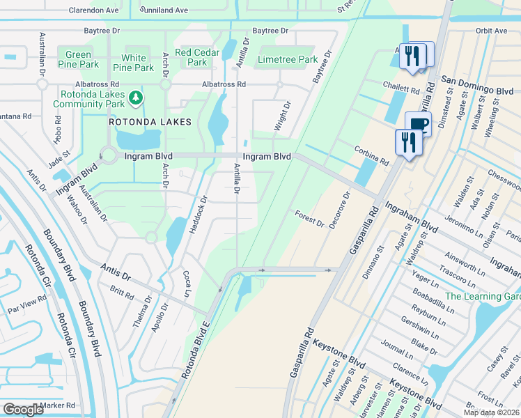 map of restaurants, bars, coffee shops, grocery stores, and more near 148 Smallwood Road in Rotonda West